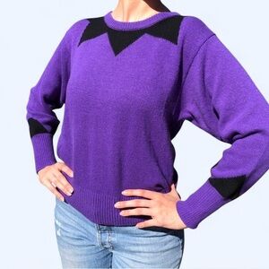 Purple and Black 1980s Women's Wool Sweater